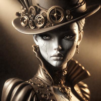 The primary subject of the image is a female figure, possibly a robot or a human with a mechanical appearance, wearing a hat and a dress. The setting is a dark room, and the visual style is a combination of digital art and illustration. The colors and mood of the image are predominantly dark and mysterious, with a touch of elegance.